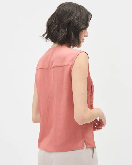 Sleeveless Satin Popover Blouse with Flap Pockets