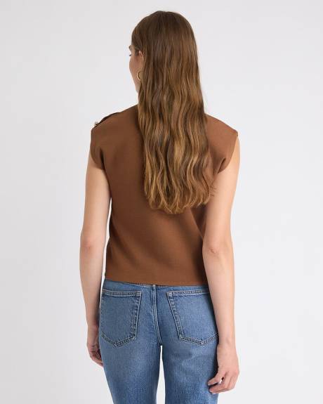 Sleeveless Mock-Neck Sweater with Buttons on Shoulder