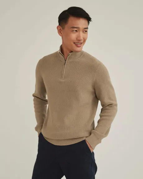 Ribbed Half-Zip Mock-Neck Sweater