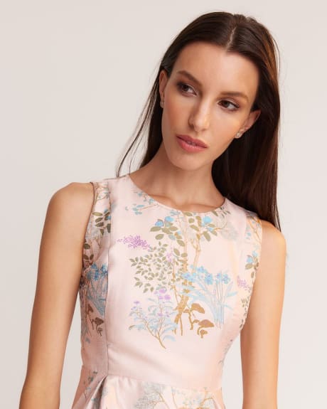 Sleeveless Fit and Flare Brocade Cocktail Dress with Back Bow Detail