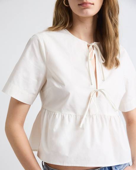 Elbow-Sleeve Peplum Blouse with Self-Ties at Front