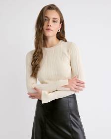 Long-Sleeve Crew-Neck Bodycon Top with Pointelle Stitches