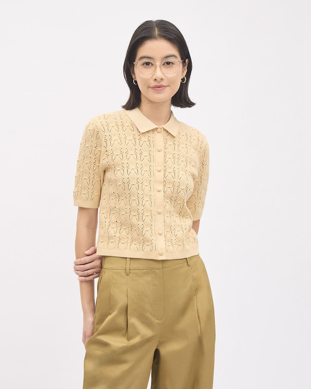 Short-Sleeve Buttoned-Down Sweater Top with Shirt Collar