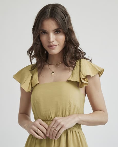 Fit and Flare Square-Neck Dress with Short Ruffled Sleeves