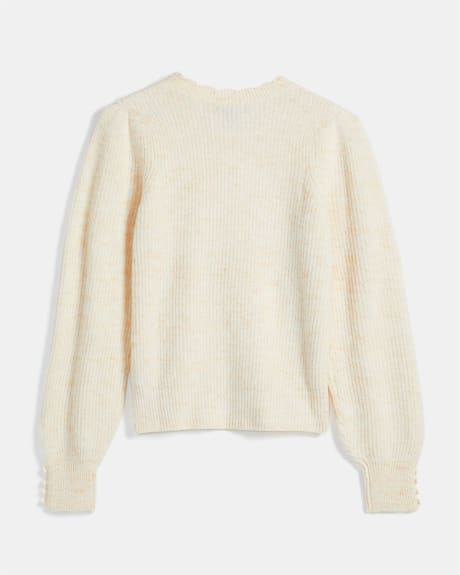 Fancy Knit Crew Neck Sweater With Puffed Sleeves