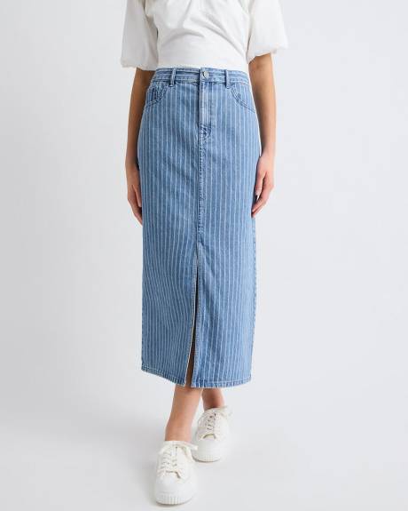 Striped High-Rise Denim Maxi Skirt