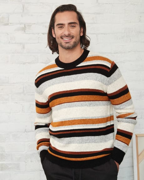 Crew Neck Pullover Sweater with Multi Stripes