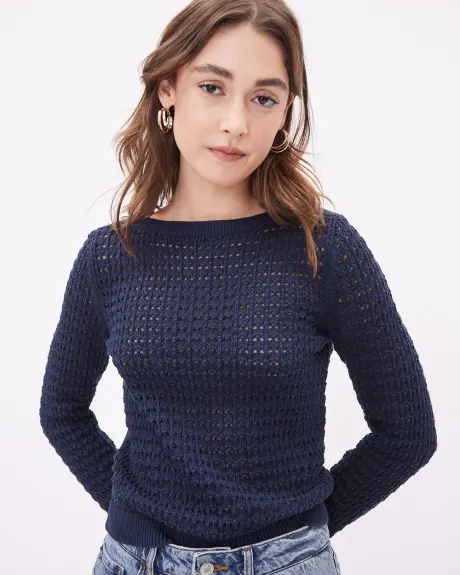 Long-Sleeve Boat-Neck Pullover with Open Stitches