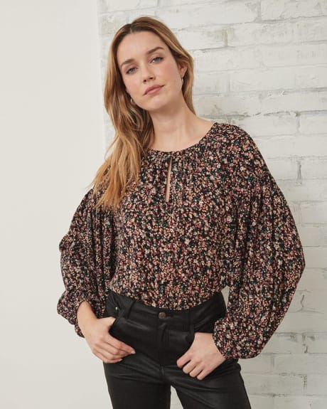 Shirred Crew Neck Popover Blouse with Front Keyhole