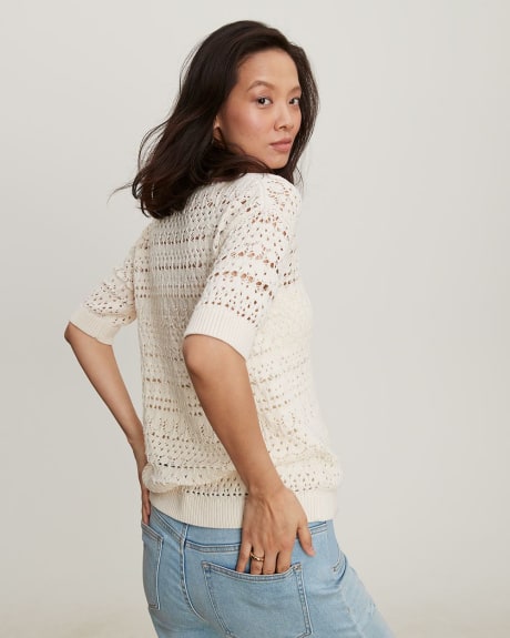 Pointelle Elbow Sleeve Polo Sweater - Thyme Maternity