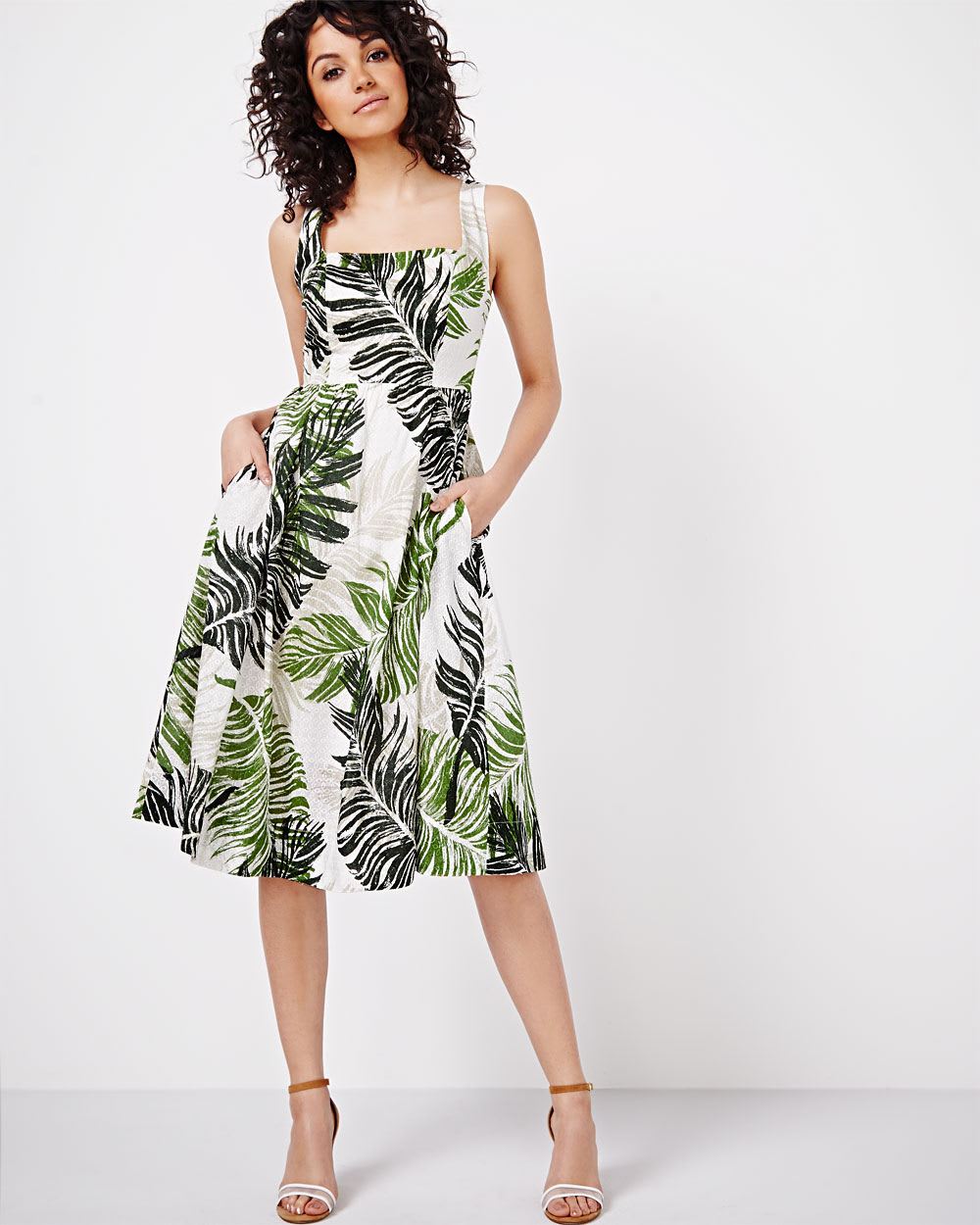 Leaf Print Fit and Flare Dress with Square Neckline by Sangria | RW&CO.