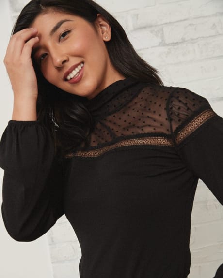 Long-Sleeve Mock-Neck T-Shirt with Lace Neckline