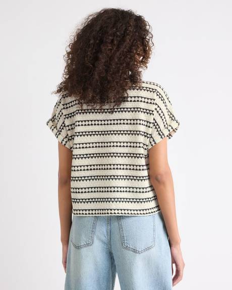 Haut Décontracté Rayé à Manches Très Courtes et Col Rond