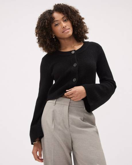 Flare-Sleeve Crew-Neck Cropped Cardigan