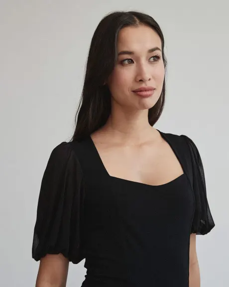Sweetheart Neckline Mix Media T-Shirt with Knit Crepe Puffy Sleeves