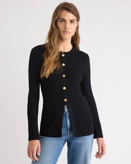 Flare-Sleeve Crew-Neck Ribbed Cardigan
