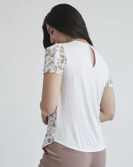 T-Shirt Bi-Matière Plissé Blanc Floral à Col Rond et à Manches Bouffantes