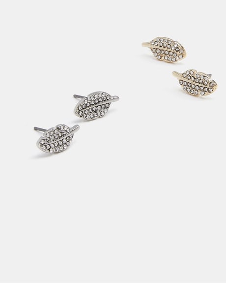 Leaf Stud Earrings with Delicate Stones - 2 Pairs