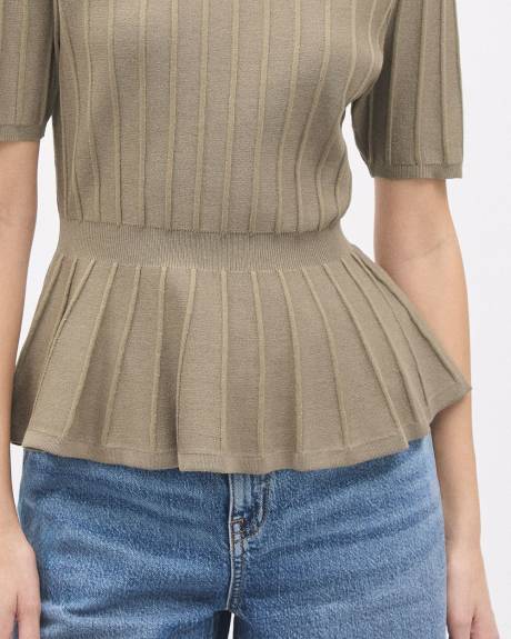Elbow-Sleeve Crew-Neck Peplum Sweater