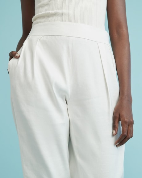 Pantalon en Lin Blanc à Jambe Fuselée et Taille Haute