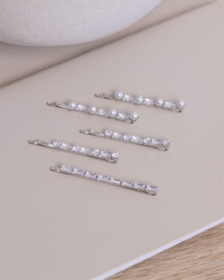 Silver Hair Pins with Zirconias and Pearls - Set of 5