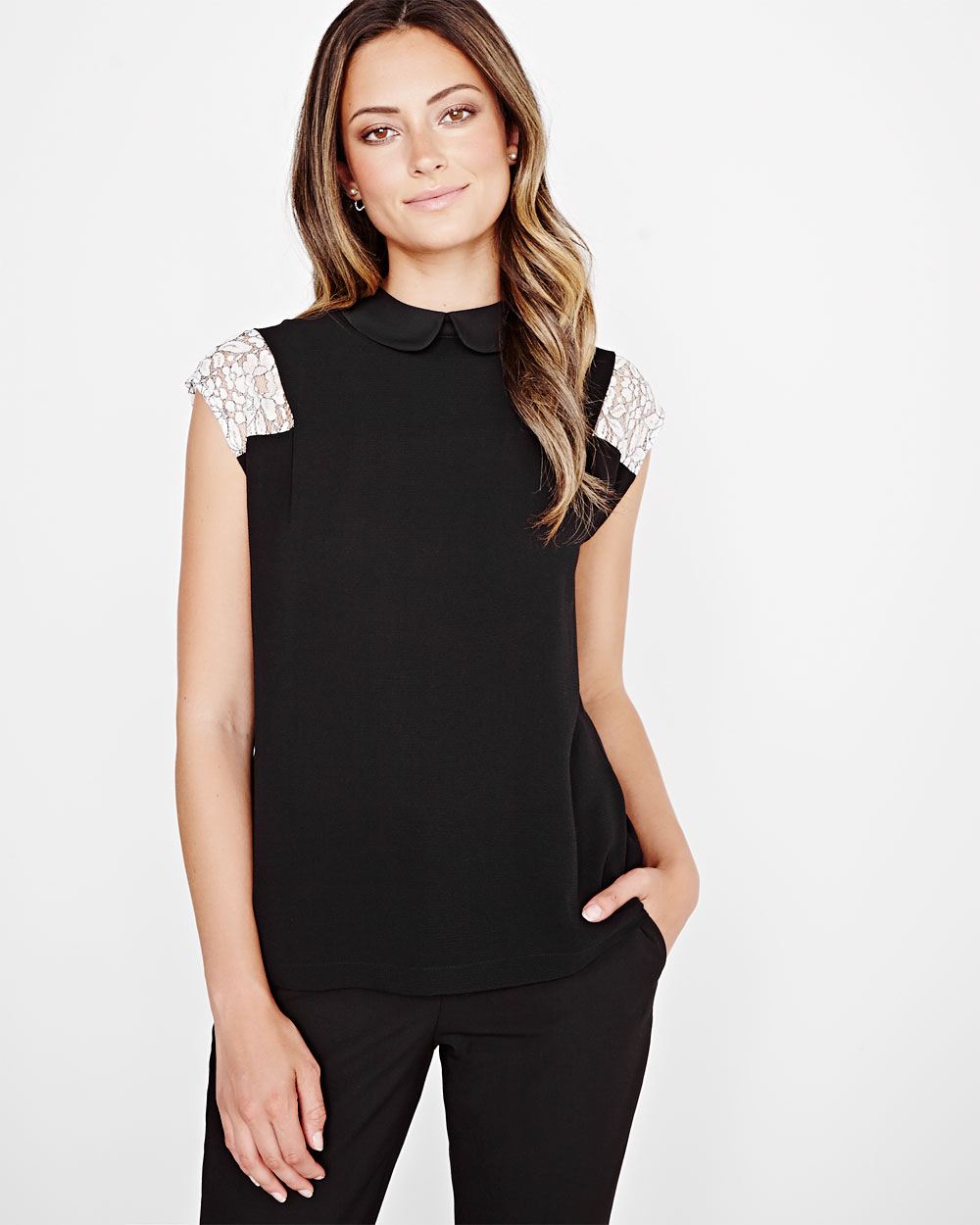 Lace sleeve t-shirt with collar | RW&CO.