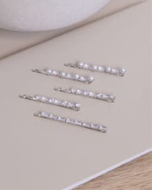 Silver Hair Pins with Zirconias and Pearls - Set of 5