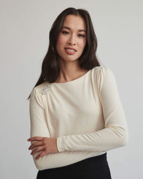 Brushed Knit Boat-Neck Top with Broach