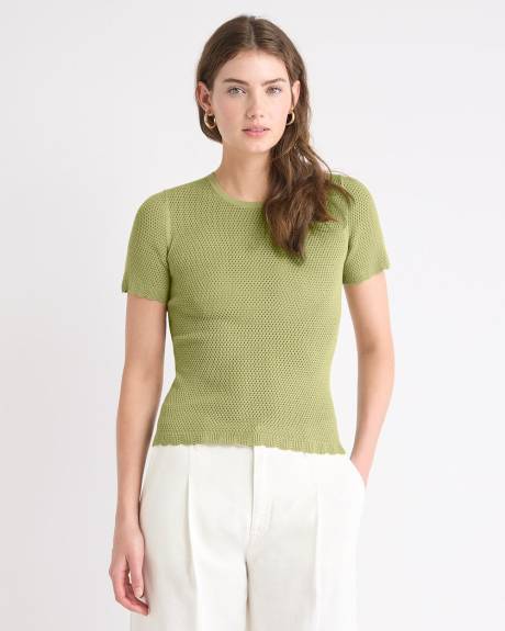 Pull en Tricot Texturé à Manches Courtes et Col Rond