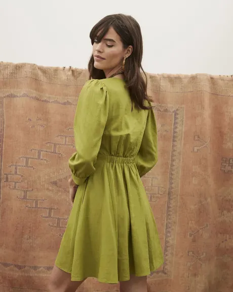 Green Linen Blend Fit and Flare V-Neck 3/4 Sleeve Dress