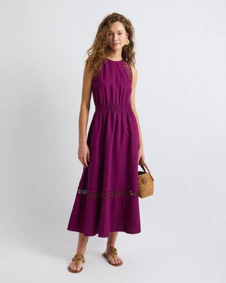Robe Midi Sans Manches &agrave; Col Licou en M&eacute;lange de Lin
