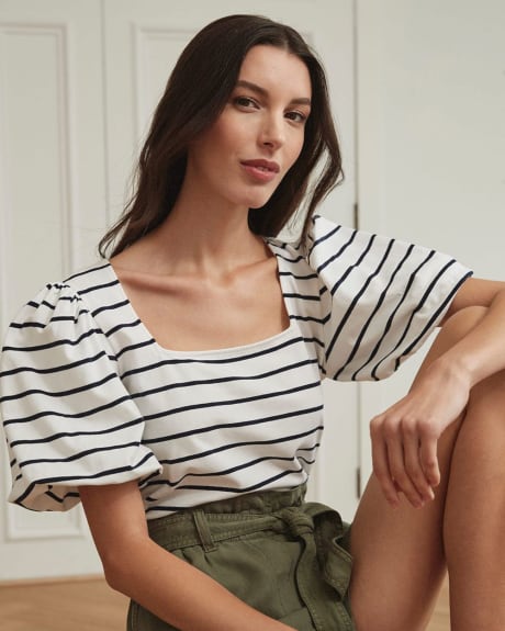 Striped Square-Neck T-Shirt with Short Puffy Sleeves