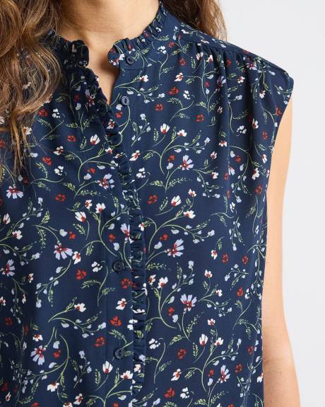 Sleeveless Mock-Neck Buttoned-Down Blouse with Ruffled Trim