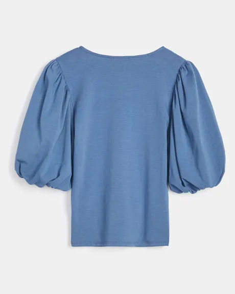 Solid Square-Neck T-Shirt with Short Puffy Sleeves