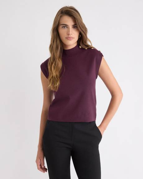 Sleeveless Mock-Neck Sweater with Buttons on Shoulder