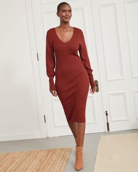 V Neck Puffy Button Sleeve Sweater Dress