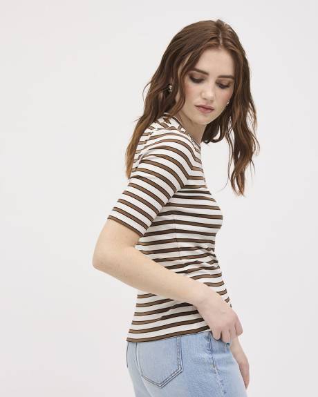 Striped Elbow-Sleeve Crew-Neck Fitted Tee