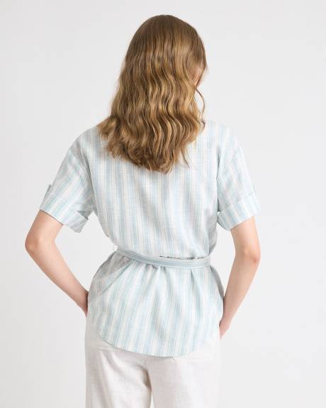 Blouse en Mélange de Lin à Manches Courtes avec Ceinture Amovible