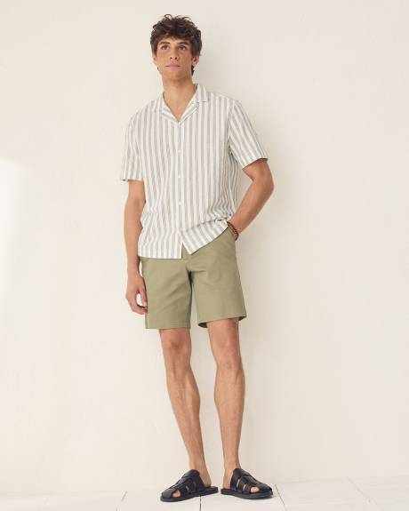 Chemise Ray&eacute;e en Coton &agrave; Coupe R&eacute;guli&egrave;re &agrave; Manches Courtes et Col Camp