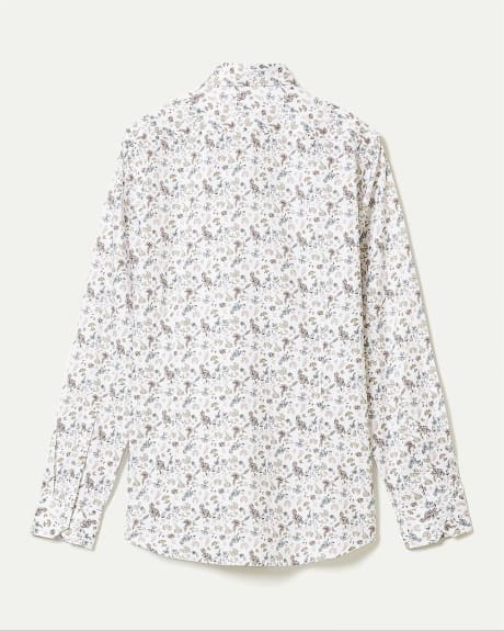 White Slim-Fit Dress Shirt with Floral Pattern