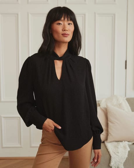 Twisted Cutout Mock-Neck Long Sleeve Popover Blouse