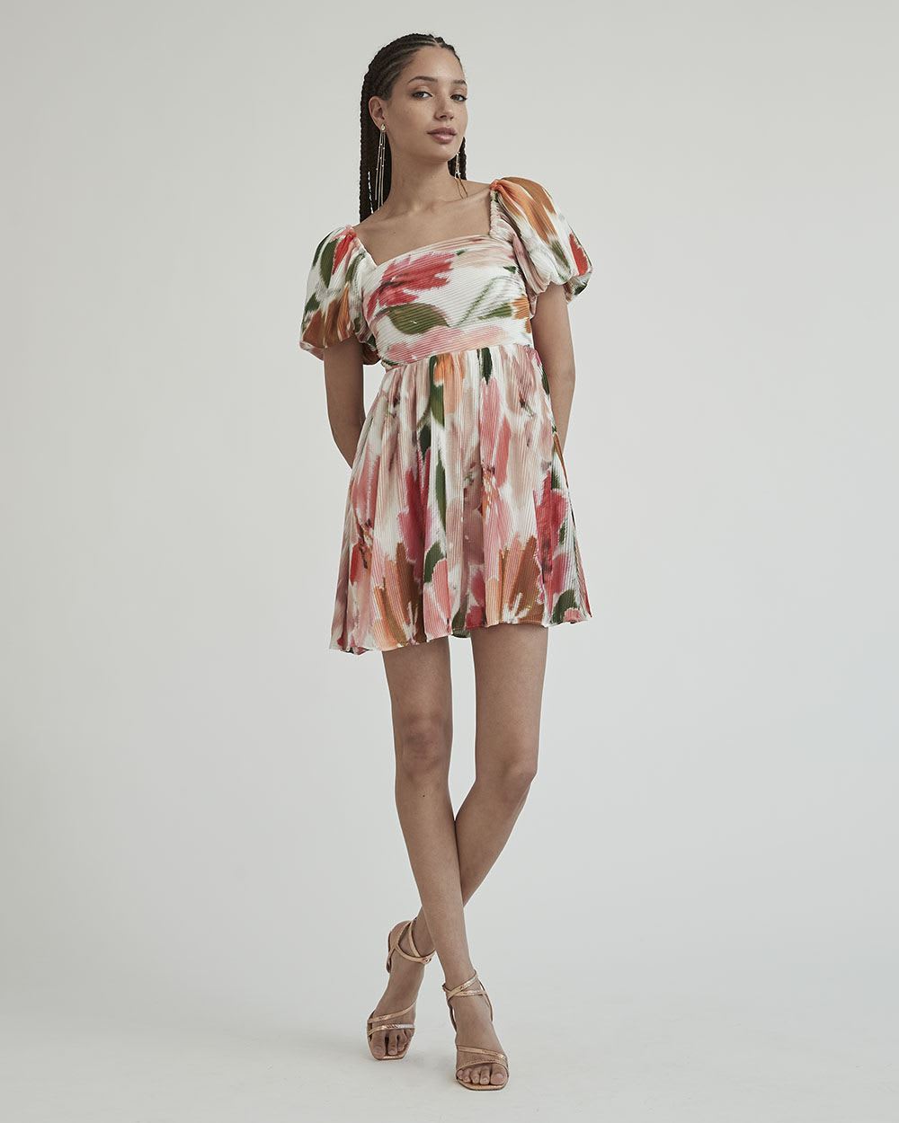 Pleated Chiffon Square-Neck Fit and Flare Cocktail Dress