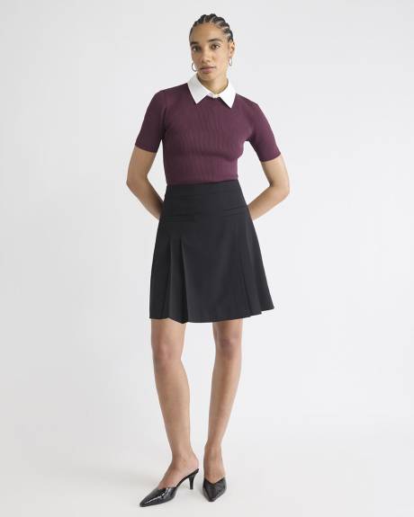 Elbow-Sleeve Ribbed Sweater with Removable Shirt Collar