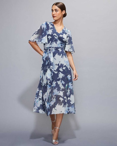Fit and Flare Midi Cocktail Dress with Short Flutter Sleeves
