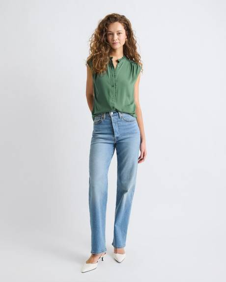 Sleeveless Mock-Neck Buttoned-Down Blouse with Ruffled Trim