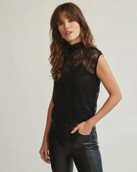 Chantilly Lace Top with Mock-Neck and Tie at Back