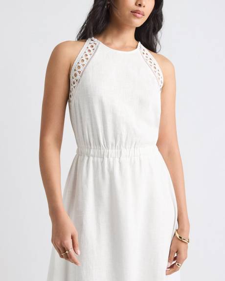 Robe Midi Sans Manches &agrave; Col Licou en M&eacute;lange de Lin