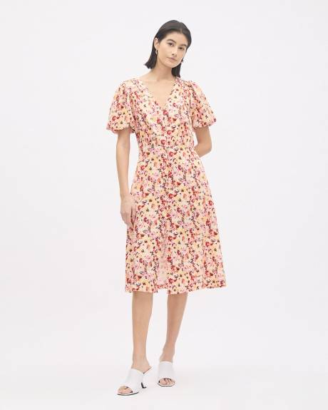 Robe Midi &agrave; Manches Courtes Bouffantes et Col V