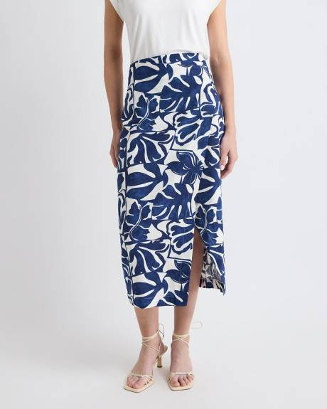 Linen-Blend Straight Midi Skirt with Wrap Front