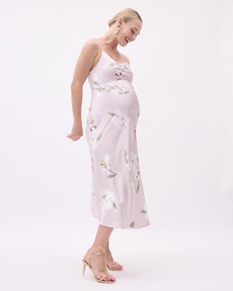 Sleeveless Satin Midi Dress with Floral Print - Thyme Maternity